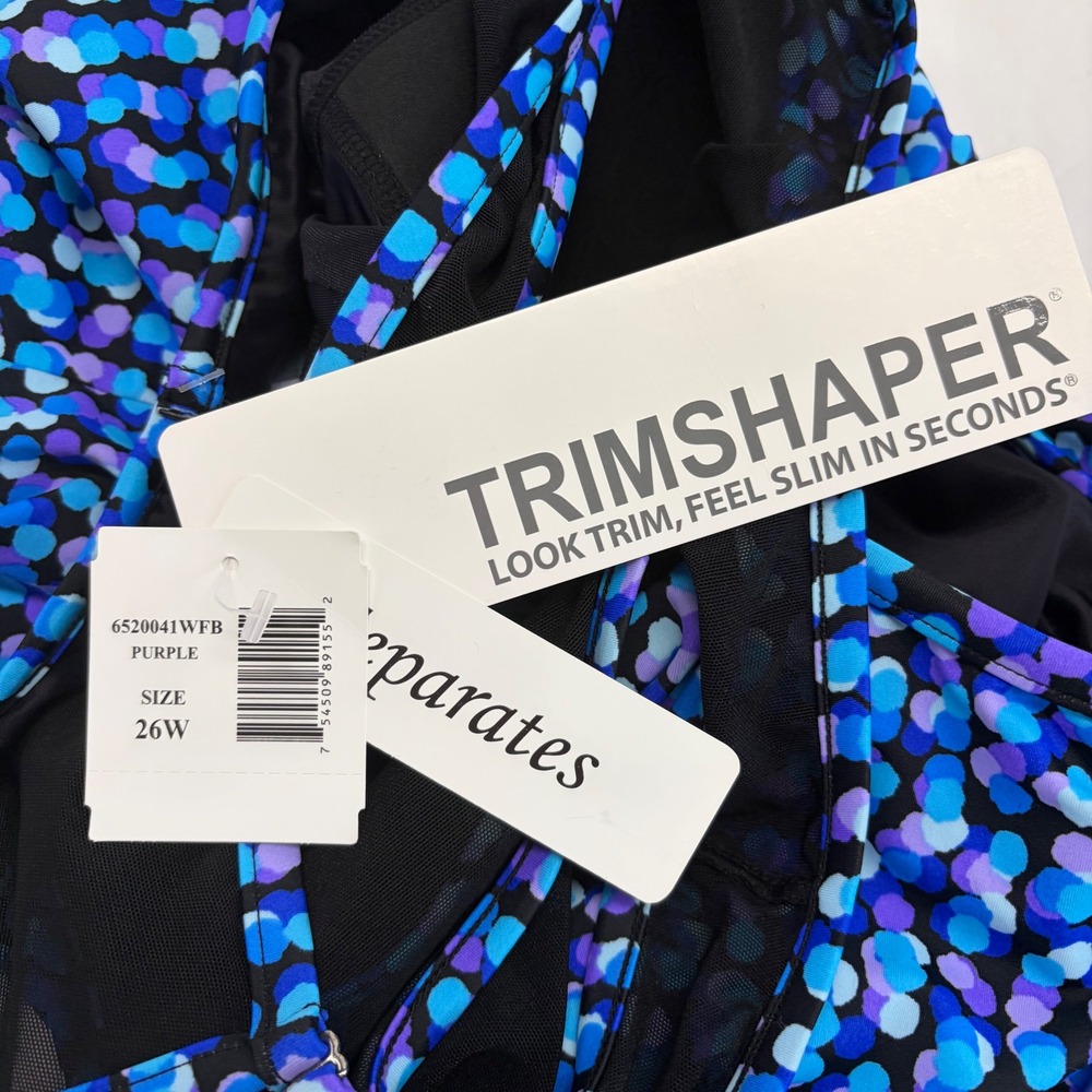 Trimshaper Swim Tankini Top Women 26W Purple Blue Dot Mesh Neck‎ Modest Beach - Picture 4 of 9